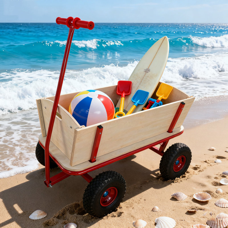 Wagon rouge pour enfants avec coffre de rangement en bois, chariot tout-terrain pour le jeu et le jardinage