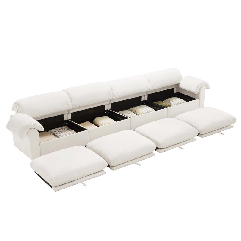 Grand canapé modulaire à assise profonde avec sièges de rangement, Velours blanc