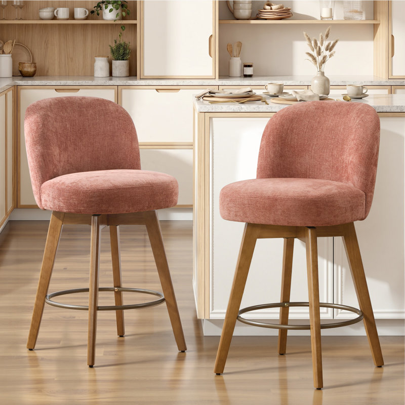 26" Swivel Upholstered Counter Stool With Solid Wood Frame And Mid Back, Sandy Pink/Chenille