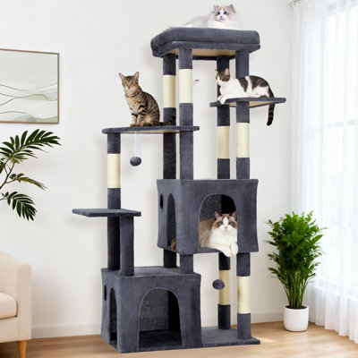 61 Inch Cat Tree for Large Cats, Heavy-Duty Cat Tower with Extra Large Perch & 2 Condos, Multi-Level Cat Furniture for Maine Coon & Adult Cats, Sisal Scratching Posts with Toys（Dark Grey)