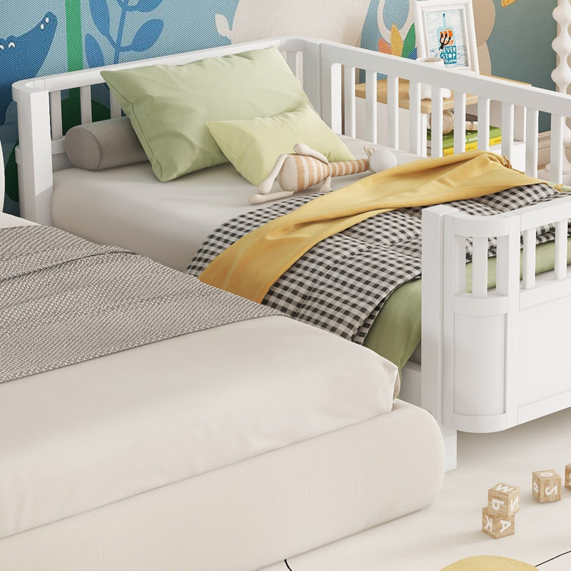 Convertible Wood Bed with Removable Safety Rail, Low Platform Bed for Kids Transition Sleep, Twin Size, White, White