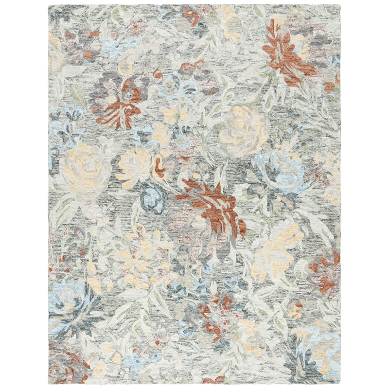 Caden Tufted Wool/Cotton Performance Floral Rug in Charcoal/Green, Rectangle 8' x 10'