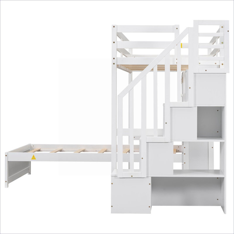 Small Space Youth Bedroom Solid Pine Twin Over Twin Loft Bed With Built-In Desk And Storage, Crisp White