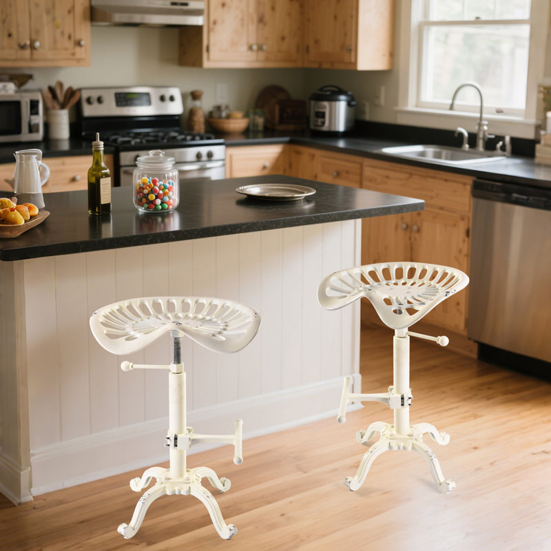 Ensemble de 2, tabouret de bar à siège de tracteur - tabouret de bar industriel rustique - tabouret pivotant en fonte de style campagnard - hauteur de comptoir réglable - très haute hauteur de pub - 22,05 à 27,95 po (blanc vieilli)