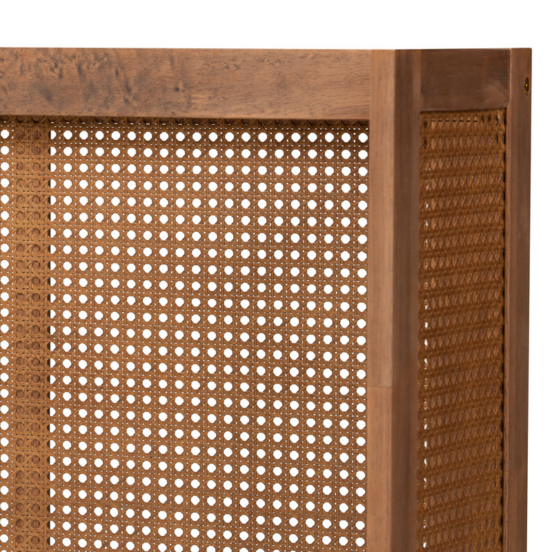 Baxton Studio Rina Mid-Century Modern Ash Wanut Finished Wood and Synthetic Rattan Queen Size Wrap-Around Headboard, Queen