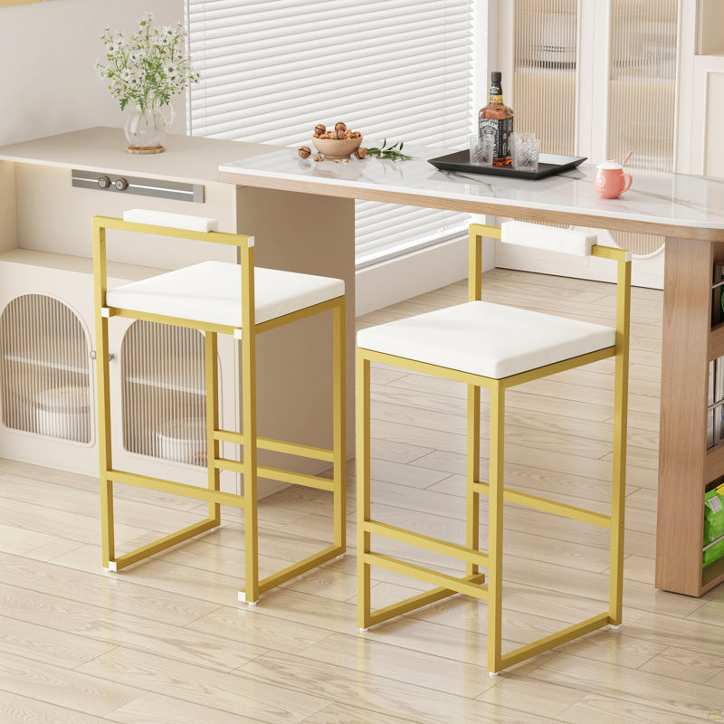 Ensemble de 2 tabourets de bar rembourrés en velours, Doré, Blanc