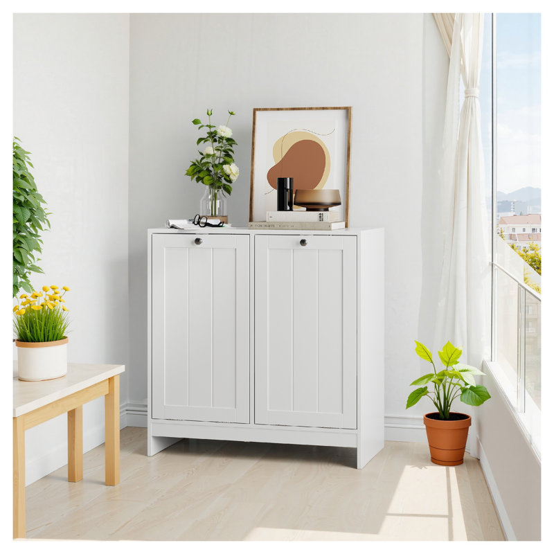 Tilted Laundry Hamper with Removable Basket, Hidden Laundry Storage Cabinet, Free-Standing Bathroom Organizer for Home, White