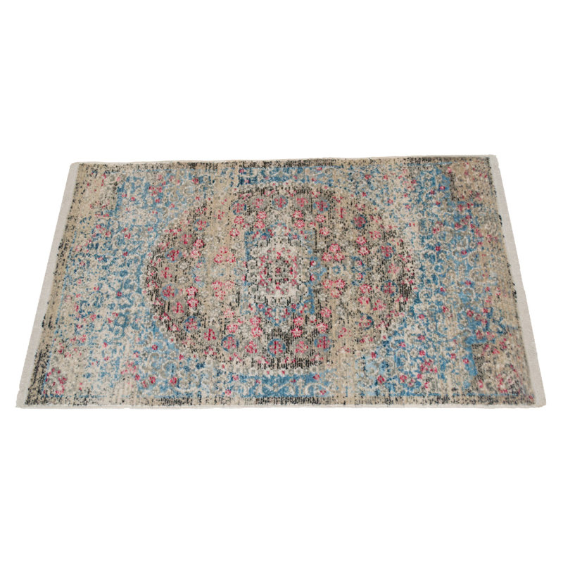 TAPIS EN POLYESTER MACHINE - 2 pi x 3 pi 10 po, de forme rectangulaire, de couleur bleu beige, de style oriental traditionnel classique, de tapis à poils courts fabriqués à la machine
