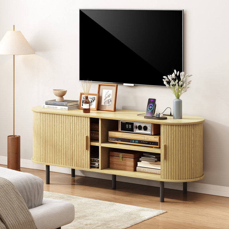 Jalonda Modern Wood TV Stand with Storage and Shelves, Walnut, 21.7" H x 55.1" L x 15.7" W