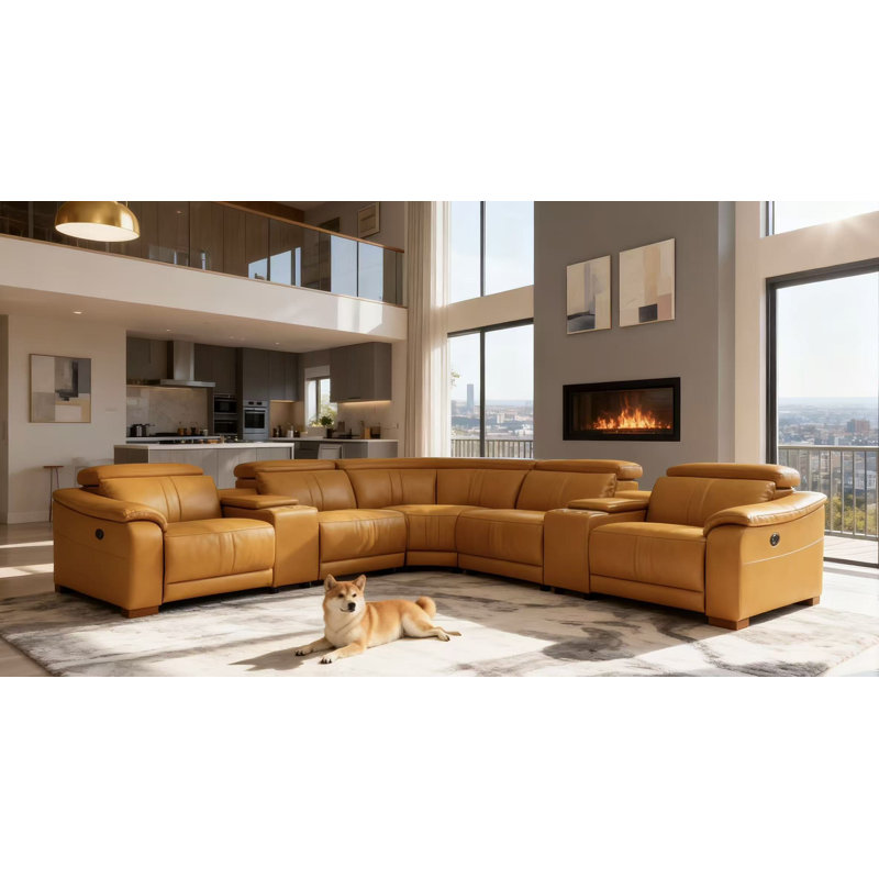 Berkhamsted Leather Recliner Theater Set, Ginger Leather Match, Brown Wood