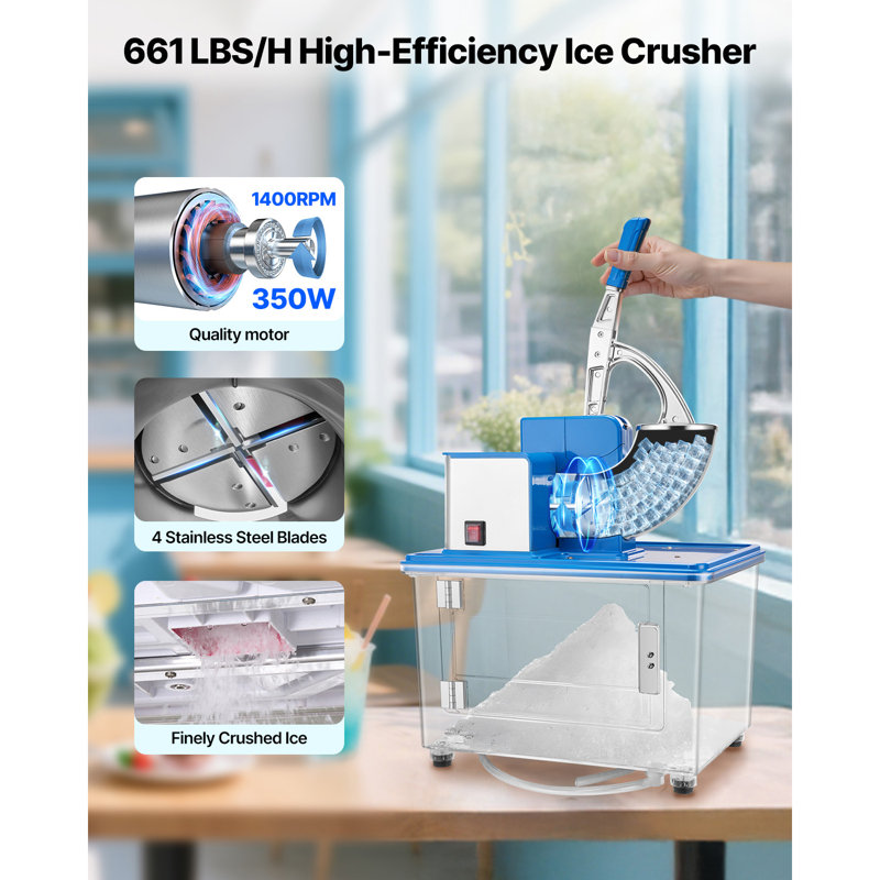 Commercial Ice Crusher 661LBS/H, 350W Electric Snow Cone Machine with 4 Blades, 2000RPM Stainless Steel Shaved Ice Machine with 11 Gal Crushed-Ice Box, Blue, Designed for Family Restaurants Bars