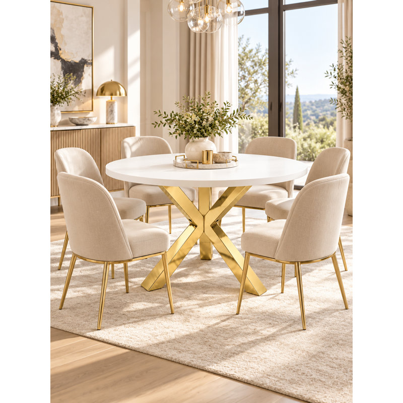 Table de salle à manger ronde en bois et métal Pangea Home Remi, Doré, Blanc
