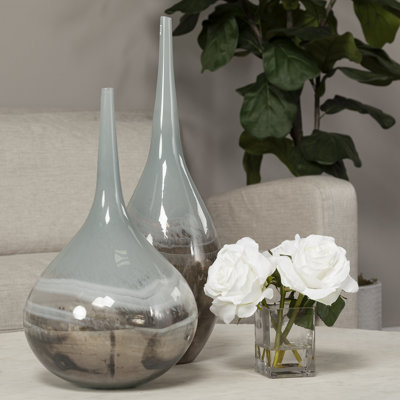 21" Blue Grey and Taupe Handblown Spun Glass Vase