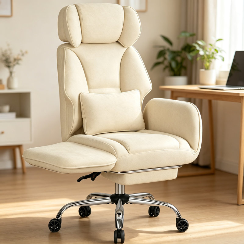 Chaise de bureau en chenille à pieds croisés avec accoudoirs rabattables, chaise de direction grande taille avec coussin lombaire et poches latérales
