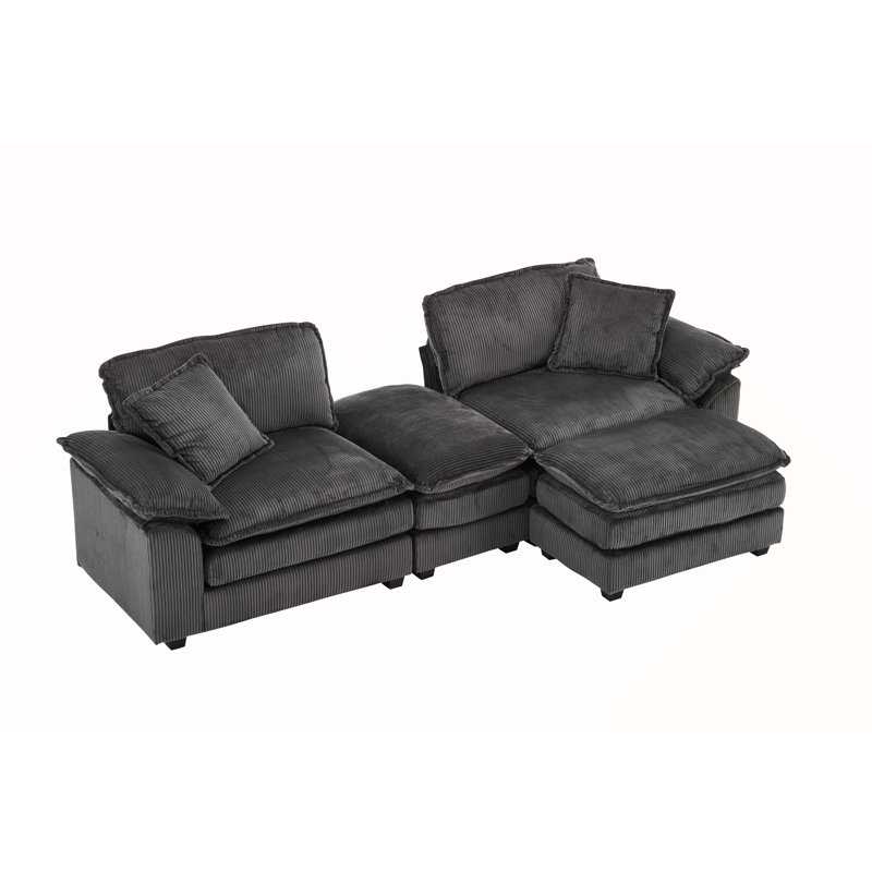 Canapé 2 places avec 4 coussins et 2 repose-pieds en velours côtelé Corduroy, gris, Gris