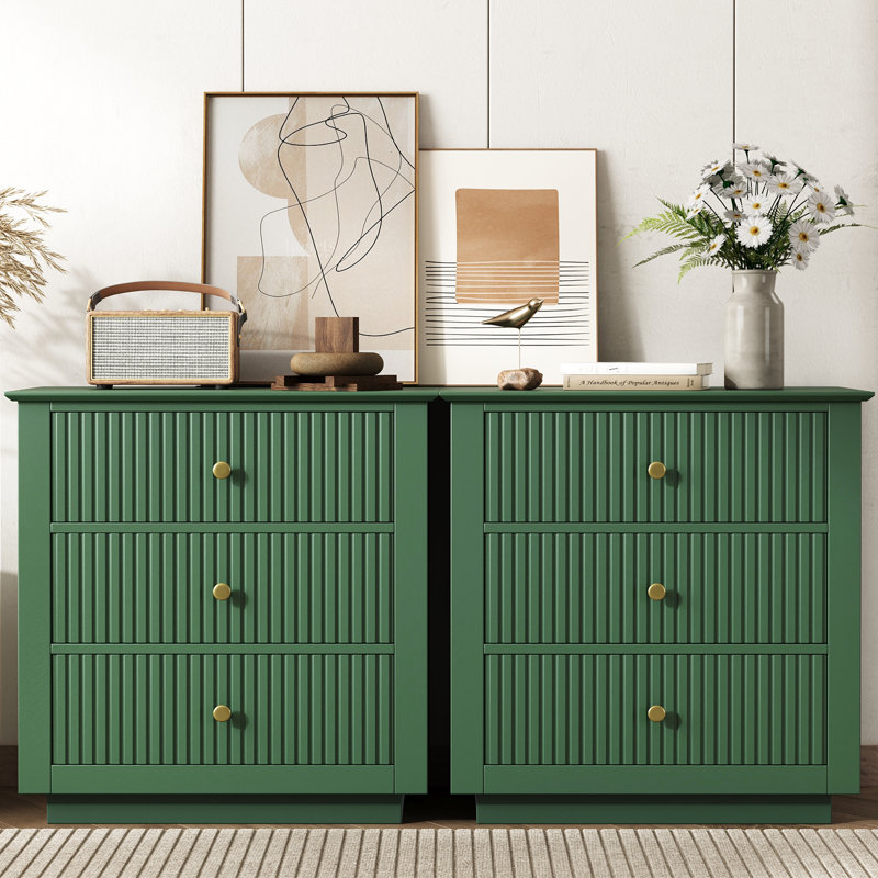 24" W x 26" H Modern Wood Fluted Front 3-Drawer Nightstand with Built-in Outlets (Set of 2), Set of 2, Green
