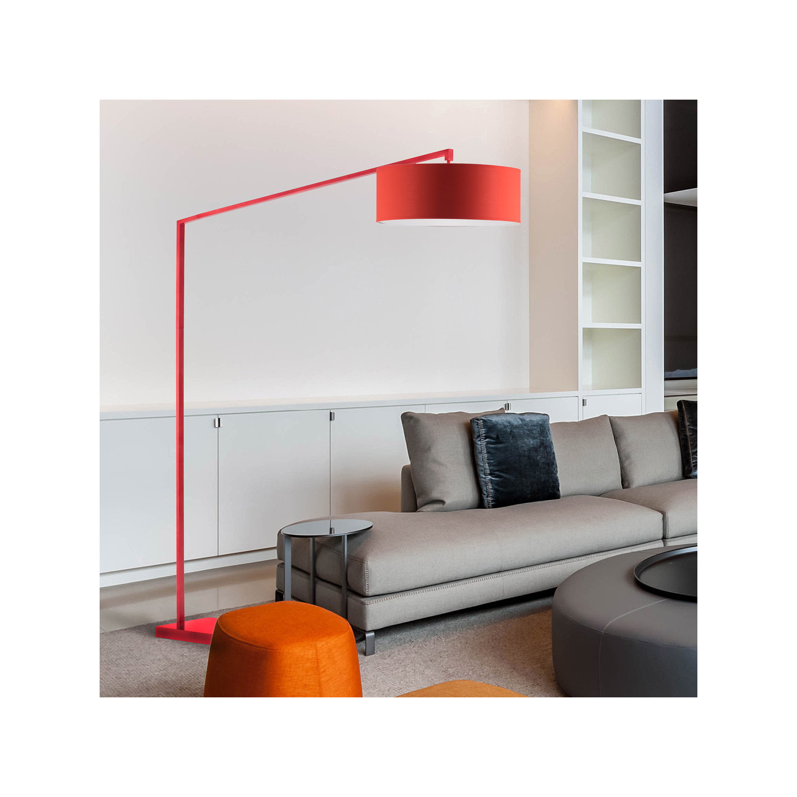 Stretch Arc Floor Lamp - 87", Step Switch, Rectangular marble base, Red