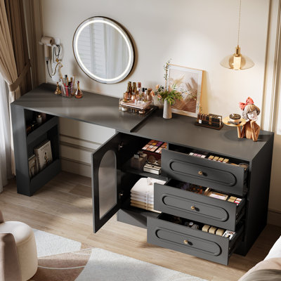 Modern Corner Vanity Desk with Storage, L-Shaped Makeup Vanity with Rotating Tabletop & Cabinet