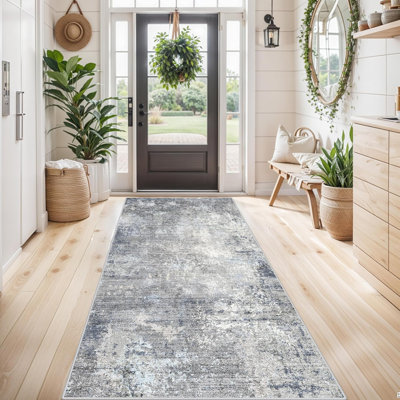 Washable Kitchen Rug - Non Slip Stain Resistant Low-Pile Thin Wide Carpet for Entryway Hallway Bathroom Bedside,Modern Neutral Abstract(Blue Grey)