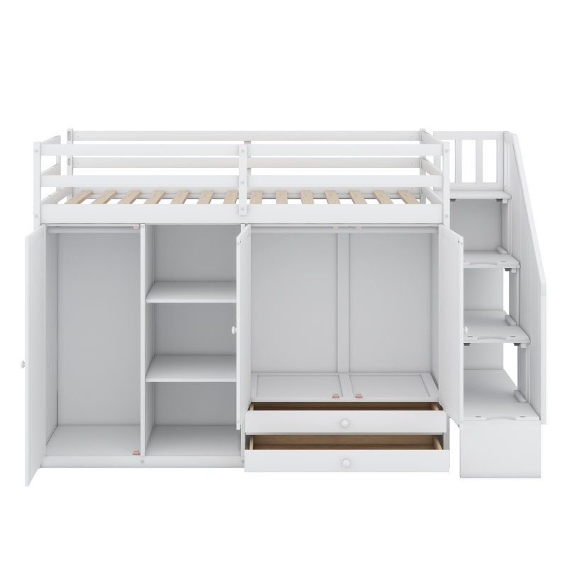 Lit mezzanine avec tablettes, armoires et tiroirs, Blanc