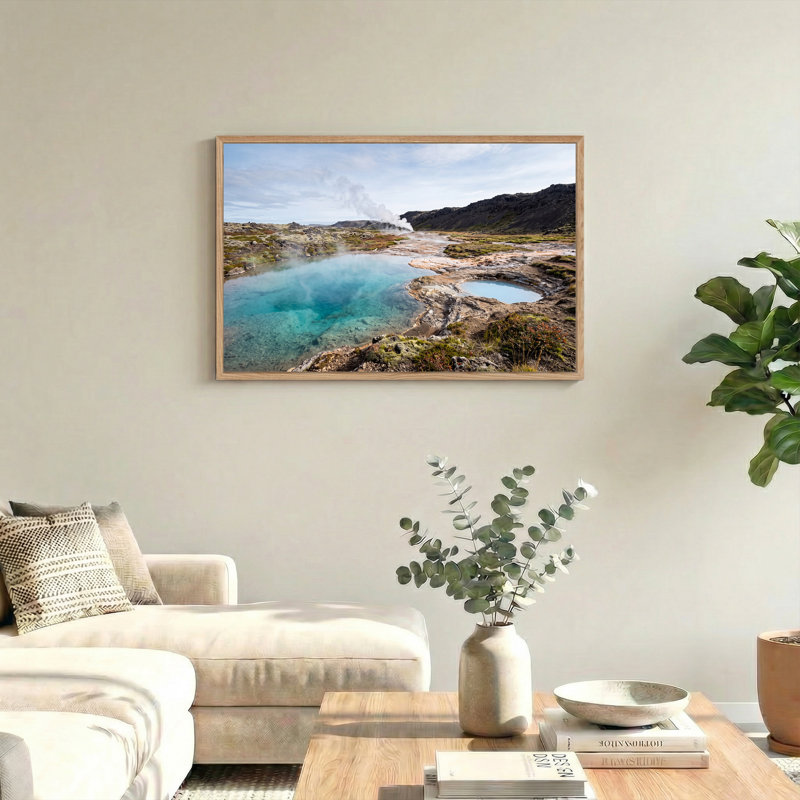 «Turquoise Geotheral Pool and Steam In Rugged Landscape», art mural sur toile, 32"H x 48"W