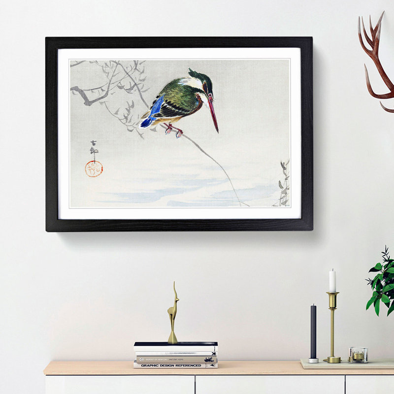 A Kingfisher by Ohara Koson - Picture Frame Painting Print on Paper, 45cm H x 63cm W x 2cm D, Black Framed