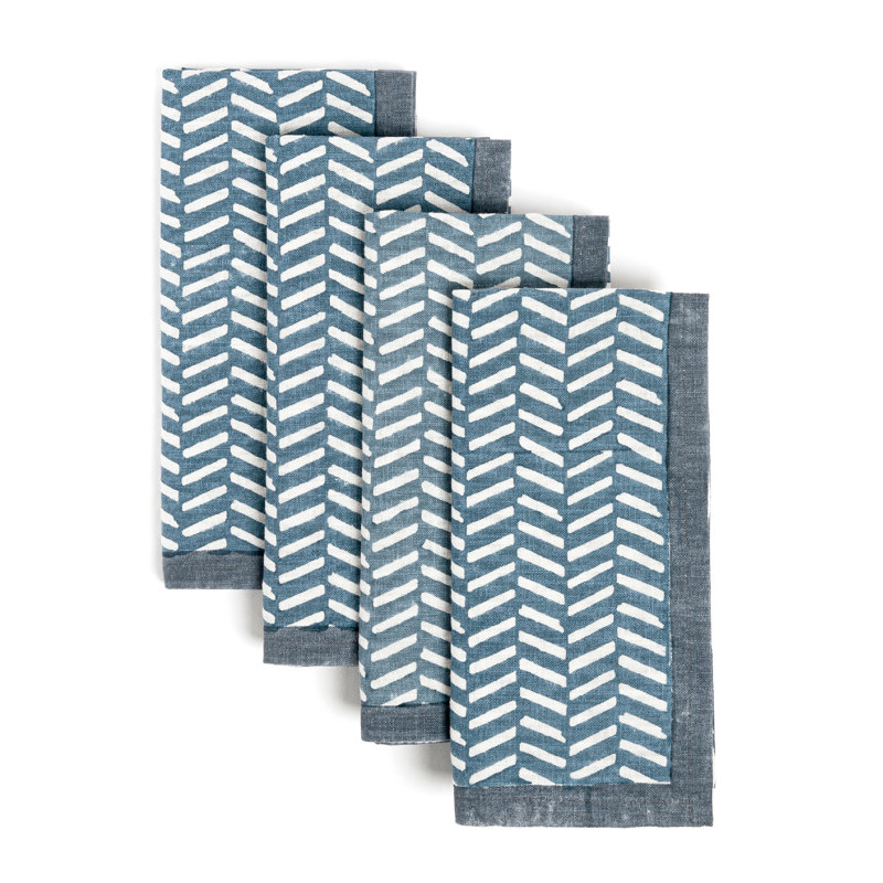 over&back Hand-Blocked Napkins, Set of 4, Blue Herringbone
