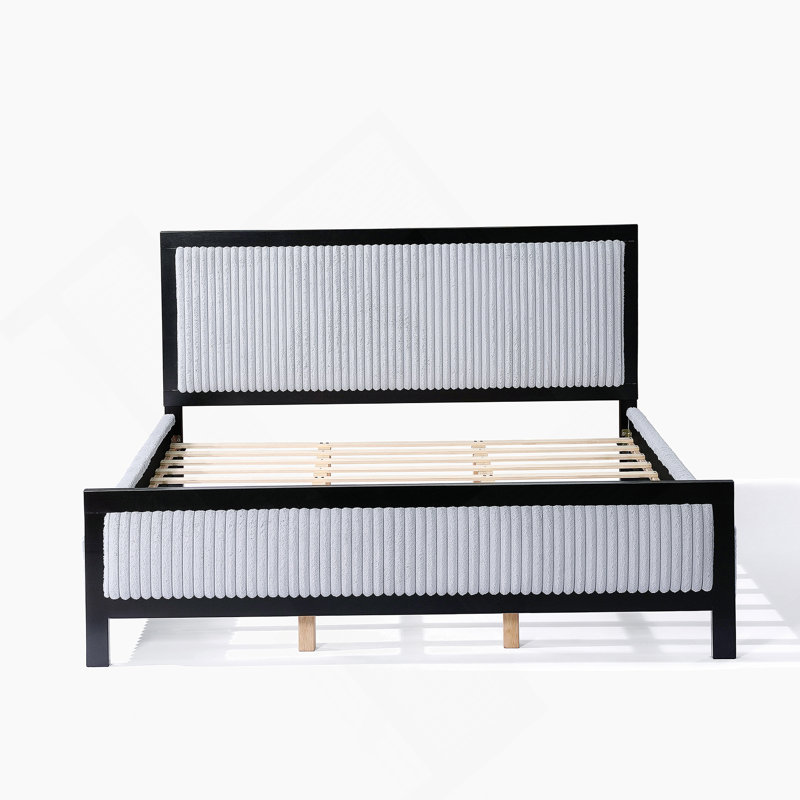 Très grand lit tapissier avec tête de lit moelleuse, cadre gris et noir, Roi
