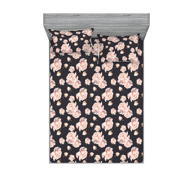 Ambesonne Fitted Sheet & Shams, King Sheet Set with 2 Pillowcases, Dark Purple/Mauve/Blush Flower
