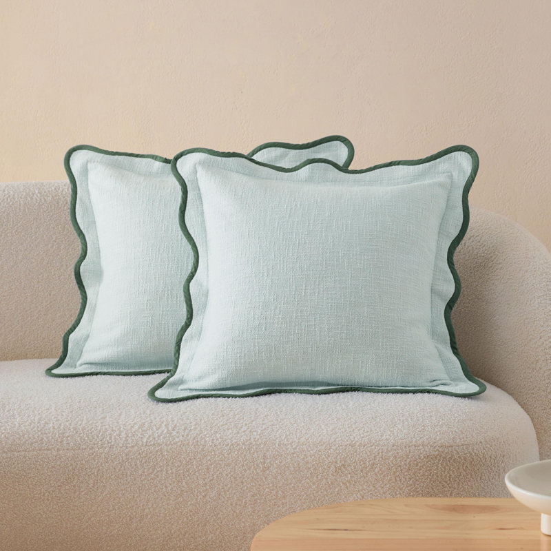 Double Stitch Cotton Decorative Scalloped Throw Pillow Covers,Square Cushion Case for Living Room Couch, Aqua Mint