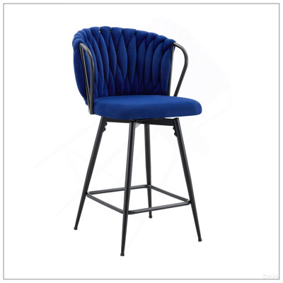 Set of 2 Modern Velvet Braided Bar Stool with Metal Frame, Upholstered Counter Height Stool with Woven Rope Backrest for Kitchen Island, Home Bar or Dining Area – Blue
