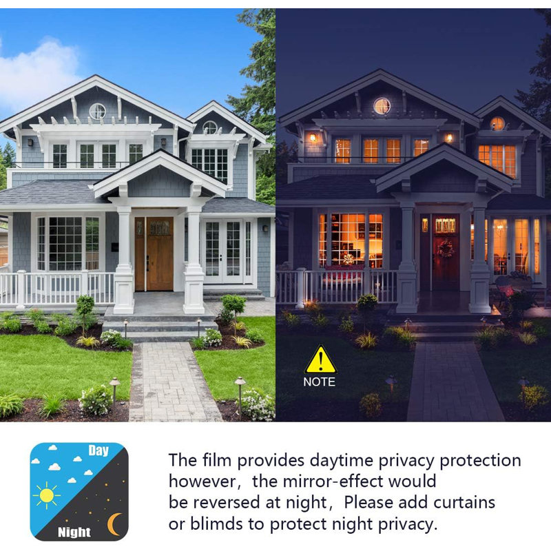 One Way Mirror Window Film For Daytime Privacy, Static Cling Non-Adhesive Decorative Window Tint With Heat Control And UV Protection For Home And Office