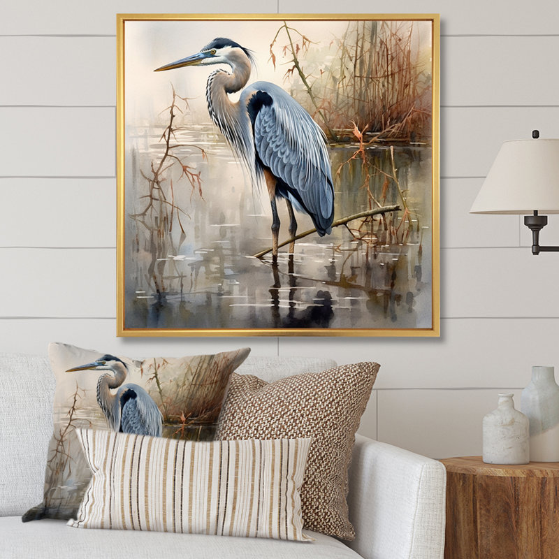 «Graceful Heron Waterbird IV - Heron», art mural, H 24 po x l 24 po, Reproduction avec cadre flottant, Doré