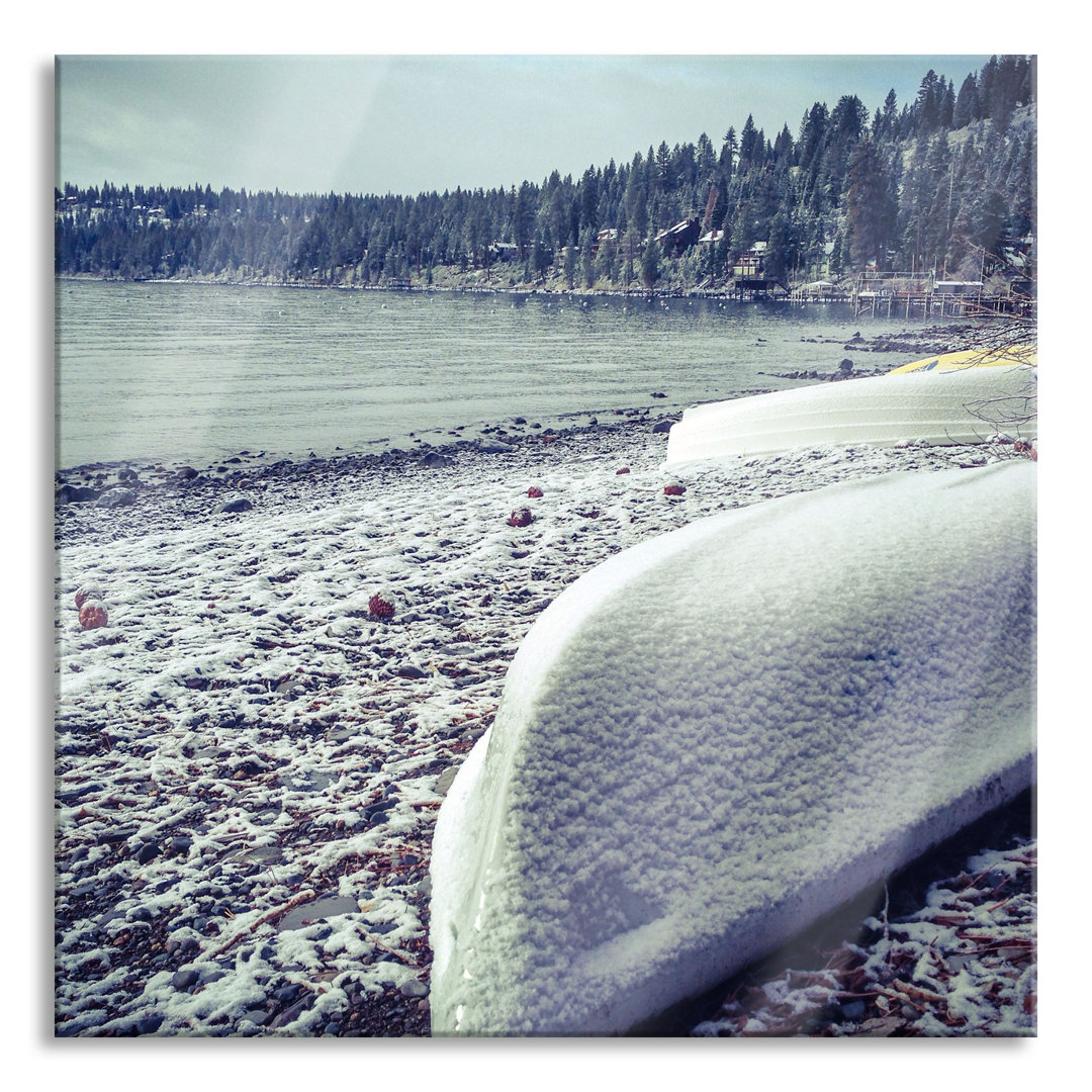 Glasbild Quadratisch | Wandbild Auf Echtglas | Boote Im Winter Inkl. Aufhängung Und Abstandshalter 1