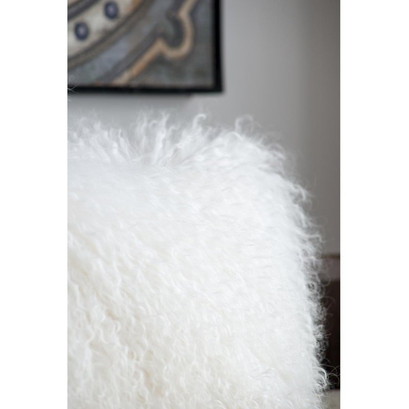 White Mongolian Lamb Fur 20-Inch Square Pillow with Faux Suede Back