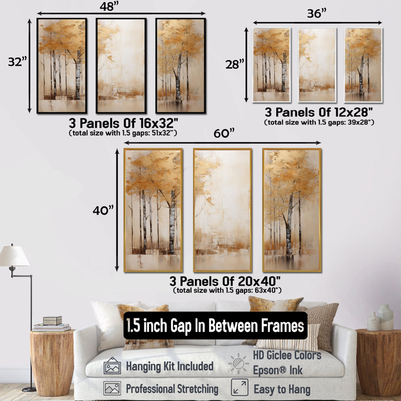 «Minimalisme beige et forêt dorée», ensemble d'art sur toile, Cadre naturel flottant, H 28 po x l 36 po x P 1 po
