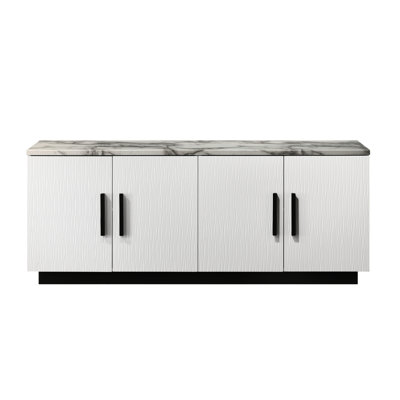Console de 63 po en faux marbre blanc, 4 portes, tablette réglable, base noire, rangement artisanal avec touche de marbre, procédé de fabrication contrastant