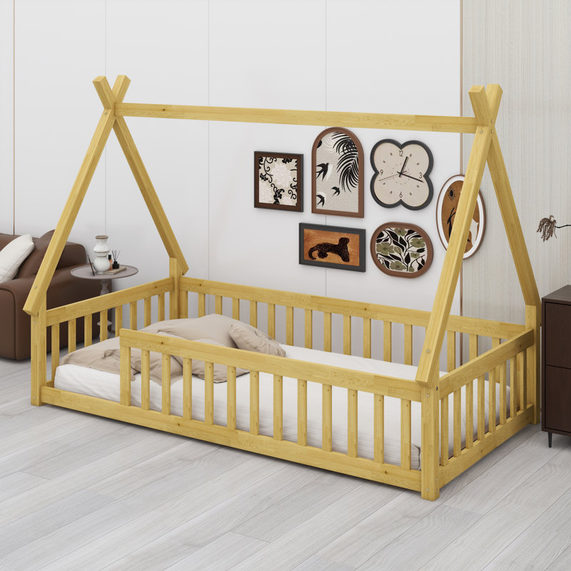 Tent-Style Floor Bed With Safety Guardrails And Built-In Slats, Natural
