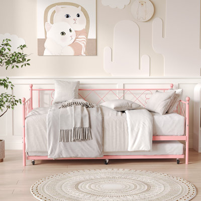 Twin Size Heavy Duty Metal Sofa Bed Daybed with Trundle, with Slat Support and Headboard, Space Saving Trundle Bed for Guest Room, Living Room, Pink