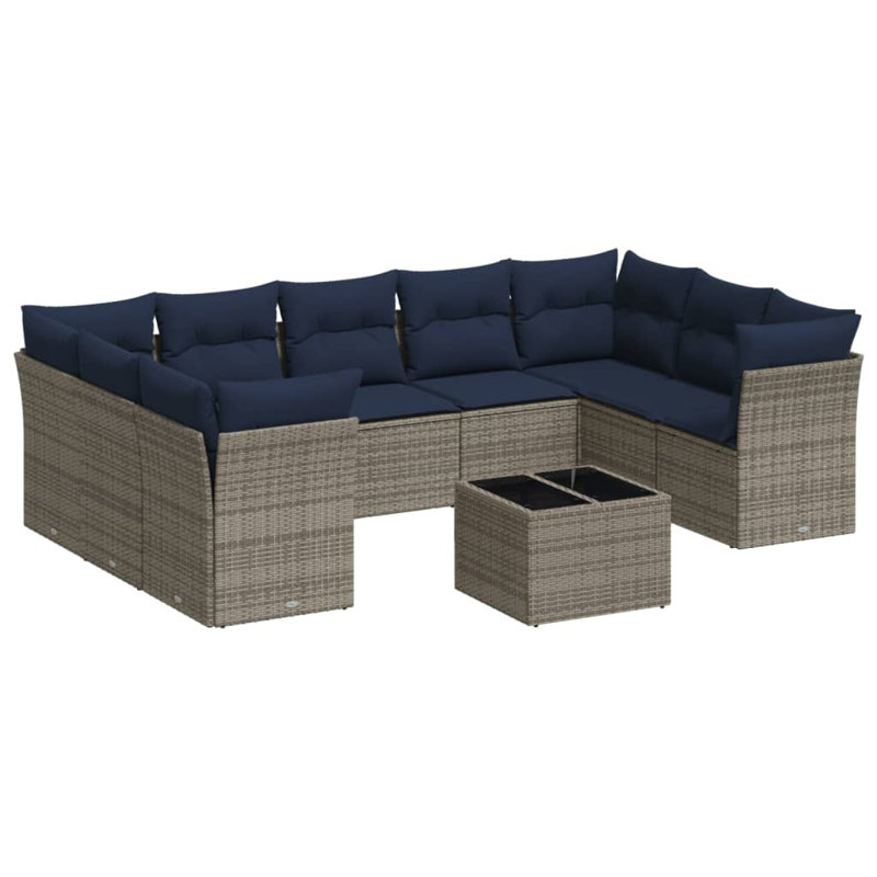 Ensemble de canapé de patio 10 pièces avec coussins en rotin de polyester, Marine, Gris