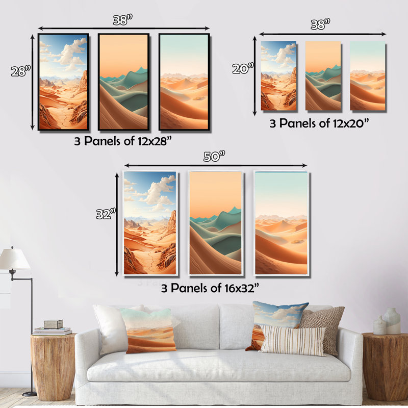 «Desert Dunes», 3 pièces sur toile, Cadre flottant blanc, H 32 po x l 48 po