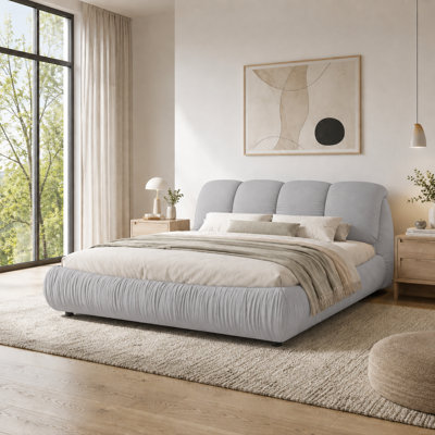 Modern Stylish Polyester Fabric Upholstered Platform Bed with Solid Wood Legs