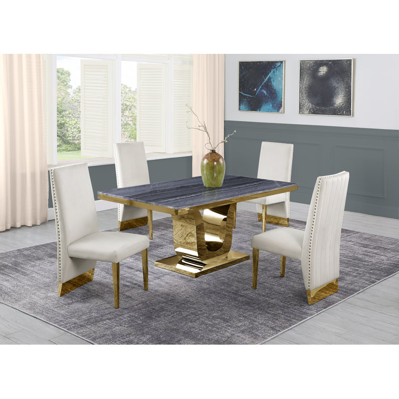 Ensemble de salle à manger en marbre blanc Andorra avec chaises d'appoint en velours, Blanc/argenté, Crème / argenté, 5