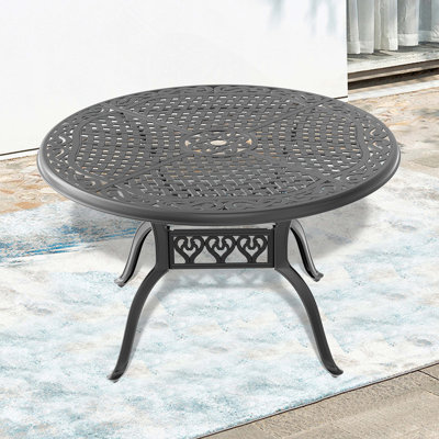 Table de salle à manger de 48 po en fonte d'aluminium avec structure noire et trou pour parasol