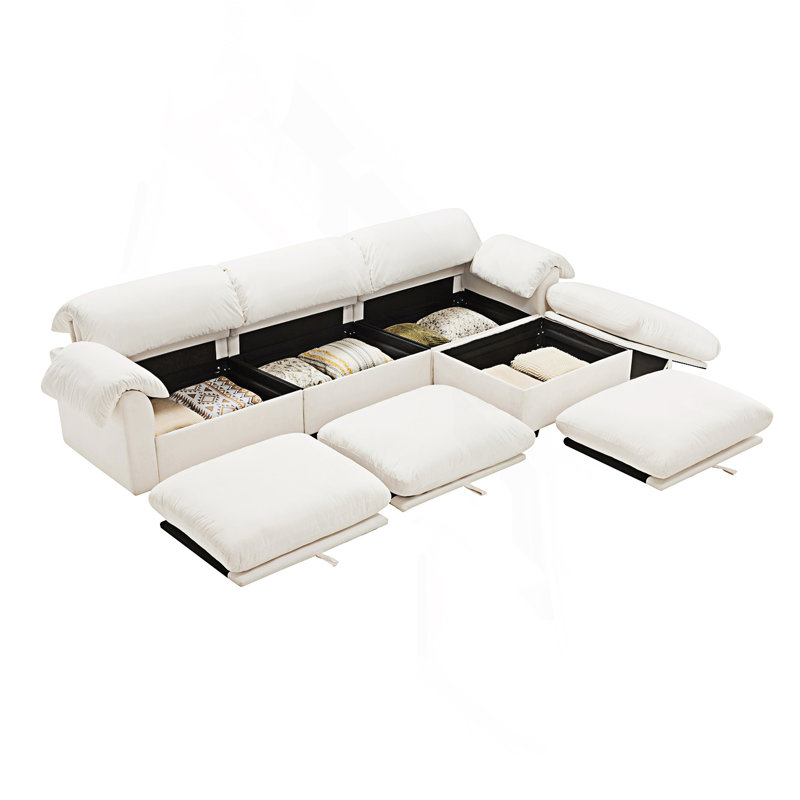 Canapé modulaire en L avec sièges de rangement, canapé moderne à 3 places avec repose-pieds réversible, Blanc