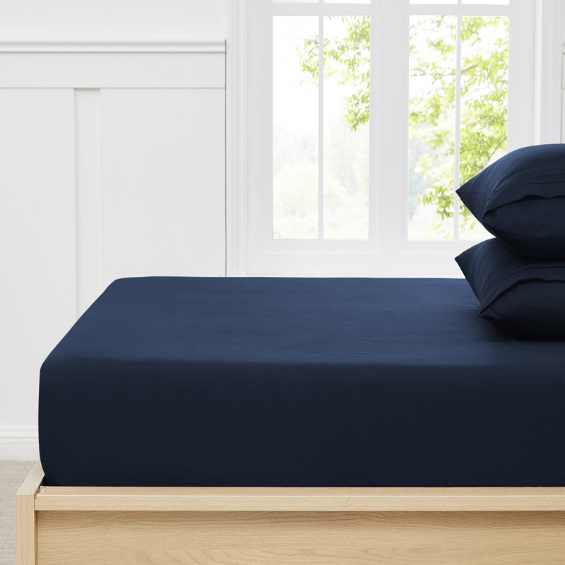 Brushed Microfiber Bottom Sheets with Built in Sheet Straps, Navy, Queen Fitted Sheet