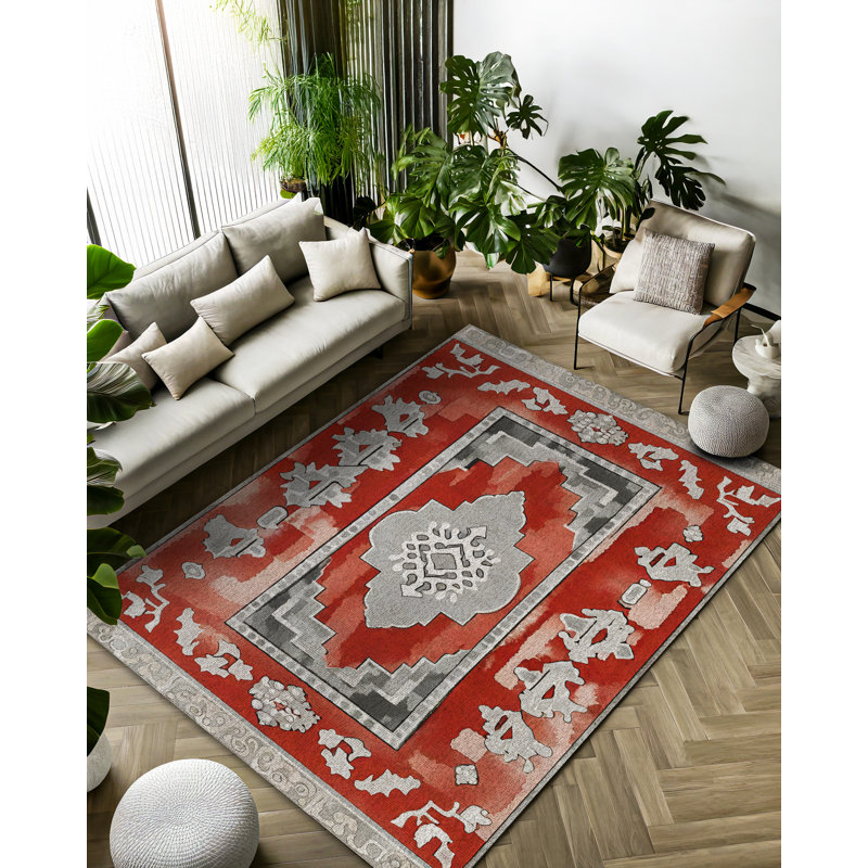 Zeira Collection Digital Print Cotton-Polyester Red Gray Moroccan Rug, Runner 5'3" x 10'6"