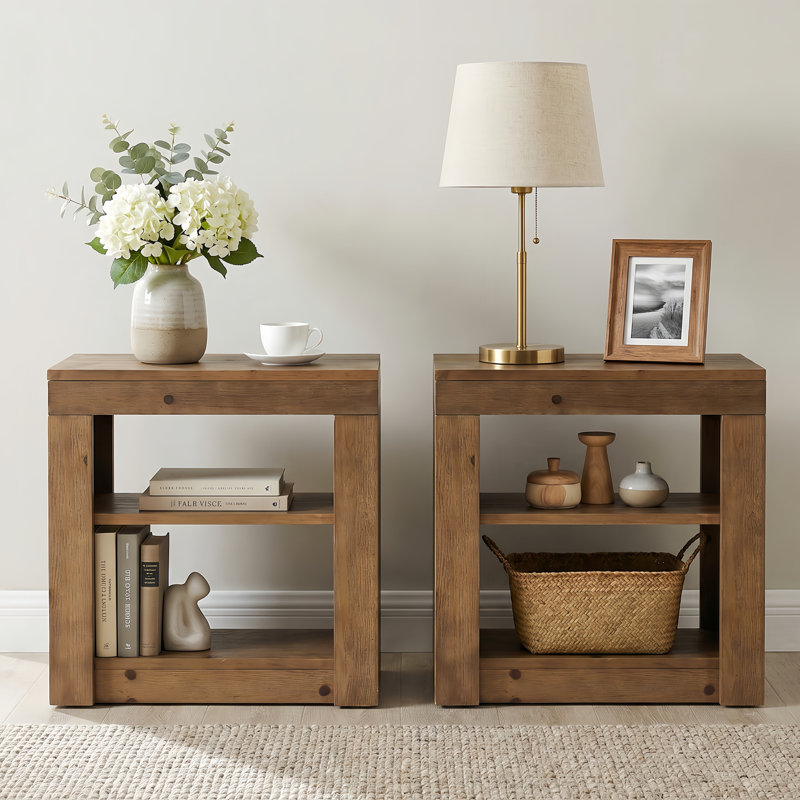 Table de bout en bois massif de 24 po avec 2 tablettes ouvertes, table d'appoint / table de chevet Modern Farmhouse, table d'appoint rustique pour le salon et la chambre à coucher