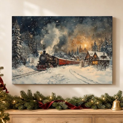 Train à vapeur dans un village enneigé - Décoration murale vintage représentant une locomotive, impression sur toile tendue de 51 cm x 76 cm, prête à être accrochée dans un salon, une chambre ou un bureau.