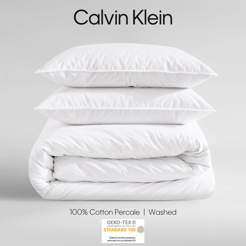 Calvin Klein Washed Percale Cotton Solid Comforter Set, Queen Comforter + 2 Standard Shams, White